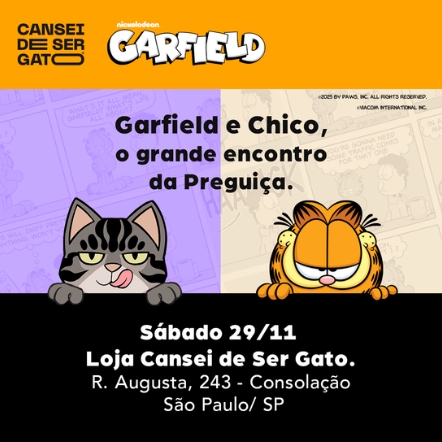 Garfield e Chico, do Cansei de Ser Gato, se unem para ação especial neste Mês da Preguiça